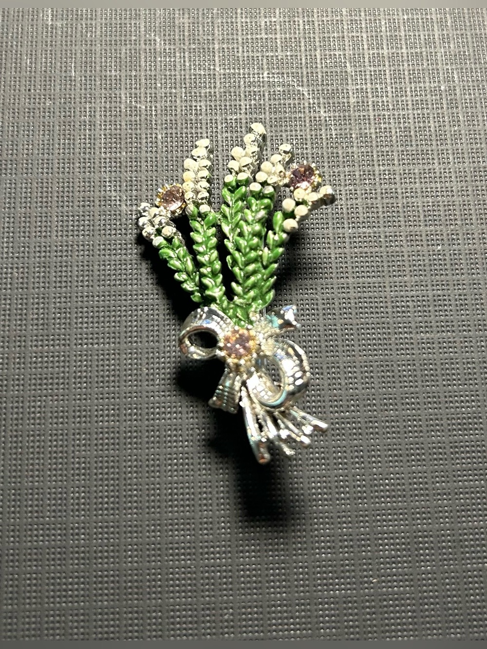 VINTAGE Green Floral Bouquet Brooch Pin with Silver Bow